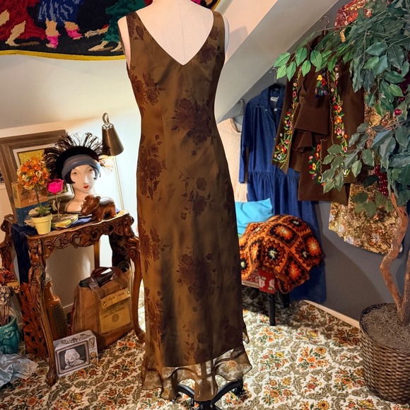Vintage Y2K Gold Brown Floral Midi Dress Sheer Trim V Neck Whimsygoth Size 10 - Picture 3 of 12